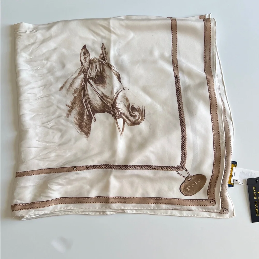Polo Ralph Lauren Equestrian Silk Scarf Polo Horse Print Cream Brown - Picture 13 of 17